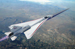 Picture of Lockheed's X-59 flying over inhabited areas.