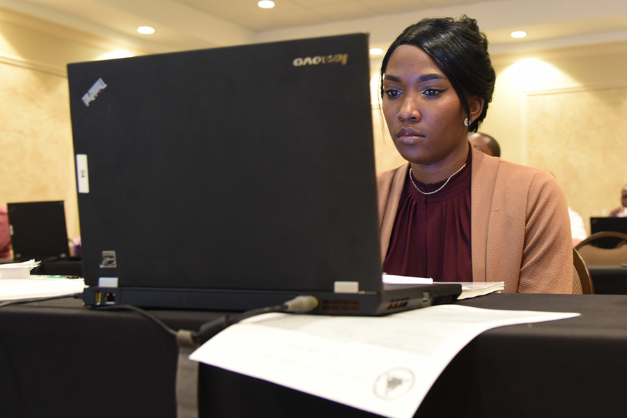 Louisiana National Guard Spc. Kayla Lagarde studies on her computer during a free training for certification in IBM’s i2 Notebook in Baton Rouge, Louisiana, Nov. 15, 2017. The LANG’s Pelican Employment Network, in partnership with IBM and nonprofit Corporate America Supports You, hosted the training, which is valued at over $2,000. (U.S. Army National Guard photo by Sgt. Garrett L. Dipuma)