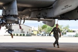 First Lt. Sean Hathaway, student pilot, inspects the A-10 Thunderbolt II