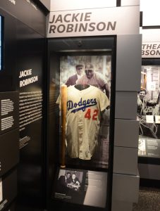 The Brooklyn Dodgers No. 42 jersey worn by baseball legend Jackie Robinson is displayed at the Smithsonian Institution's National Museum of African American Heritage and Culture in Washington.