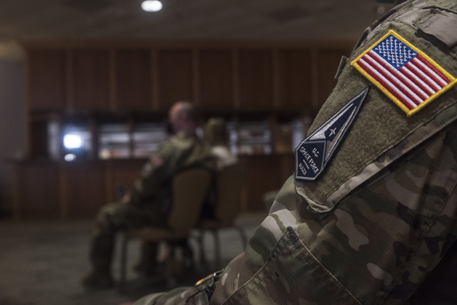 A Guardian listens to a speech during a U.S. Space Force Induction Ceremony at Davis-Monthan Air Force Base