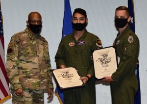 Air Force Chief of Staff Gen. Charles Q. Brown, Jr., Capt. Alexander E. Boules, 354th Fighter Squadron A-10 Thunderbolt II pilot, and Lt. Col. Charles C. Stretch, 355th Operations Support Squadron commander