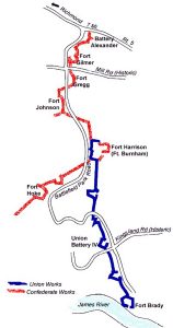 A map shows the forts of Chaffin's Farm from Battery Alexander to Fort Brady at the James River. (National Park Service)