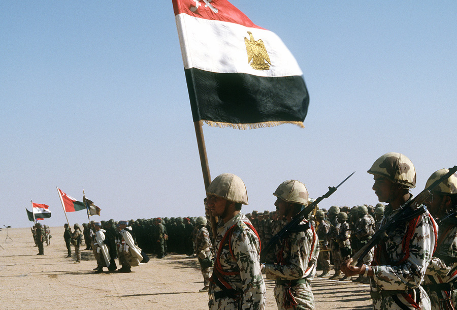 Egyptian troops stand ready for review by King Fahd of Saudi Arabia