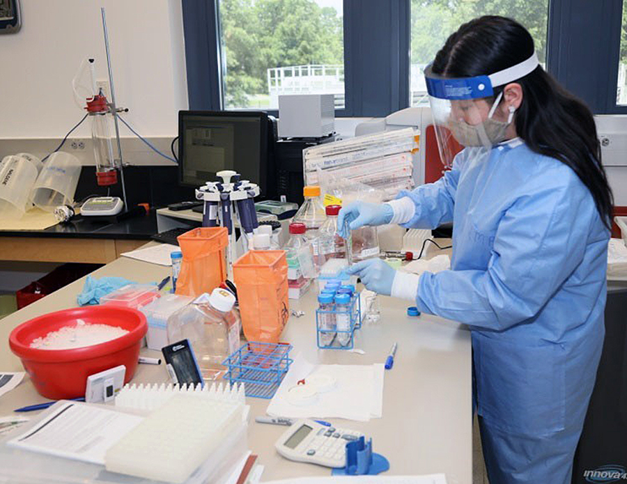 Letzibeth Mendez-Rivera, a lab manager with the Emerging Infectious Disease Branch at the Walter Reed Army Institute of Research, outside of Washington, D.C., studies coronavirus protein samples June 1. The EIDB is part of WRAIR's effort to produce a COVID-19 vaccine candidate.