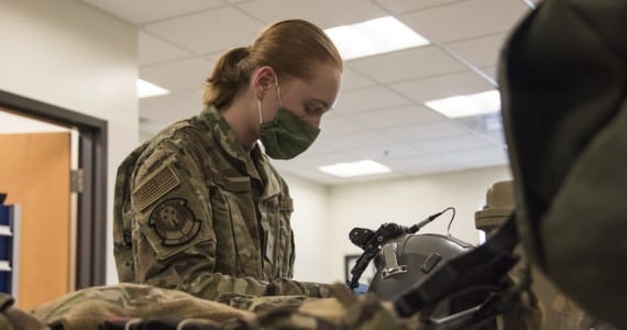 An Airman assigned to the 563rd Operational Support Squadron Aircrew Flight Equipment Flight performs maintenance on equipment at Davis-Monthan Air Force Base, Ariz.