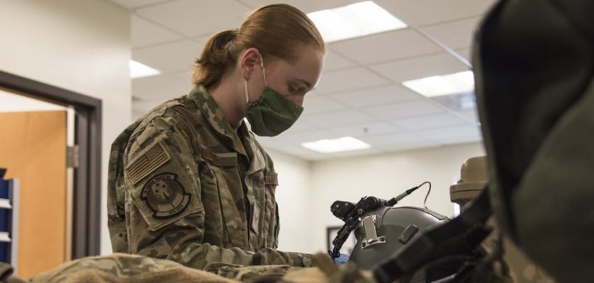 An Airman assigned to the 563rd Operational Support Squadron Aircrew Flight Equipment Flight performs maintenance on equipment at Davis-Monthan Air Force Base, Ariz.