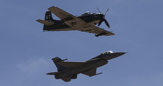 A U.S. Air Force P-47 Lightning and a U.S. Air Force F-16 Fighting Falcon