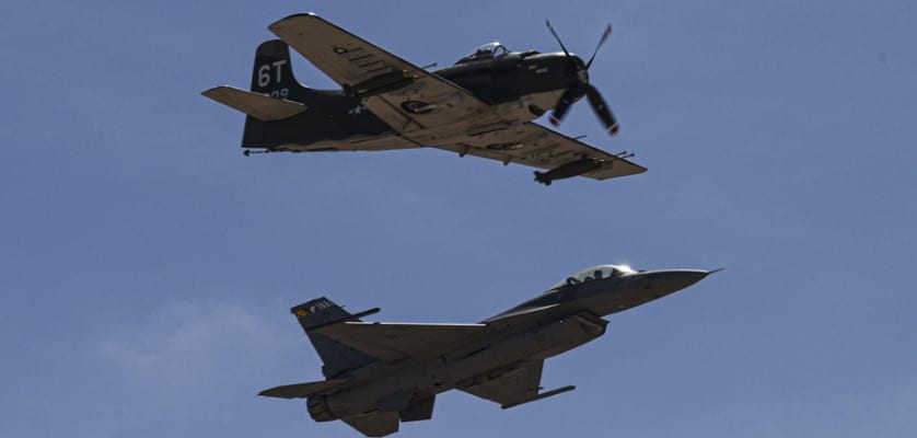 A U.S. Air Force P-47 Lightning and a U.S. Air Force F-16 Fighting Falcon