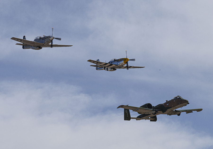 Two U.S. Air Force P-51 Mustangs and a U.S. Air Force A-10 Thunderbolt II