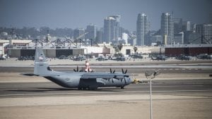 A U.S. Air Force C-130J Super Hercules taxis down the flight line