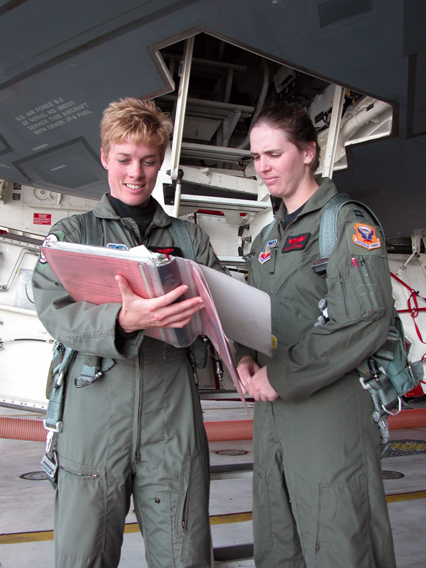 First 'unmanned' B-2 takes flight Maj. Kristin Goodwin and Capt. Jenn Jeffords review checklists