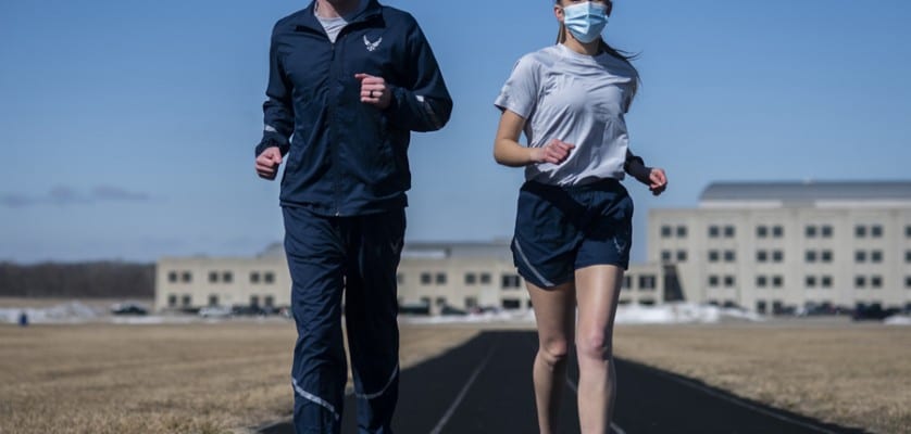 Air Force Uniform Office members 1st Lt. Avery Thompson and 2nd Lt. Maverick Wilhite