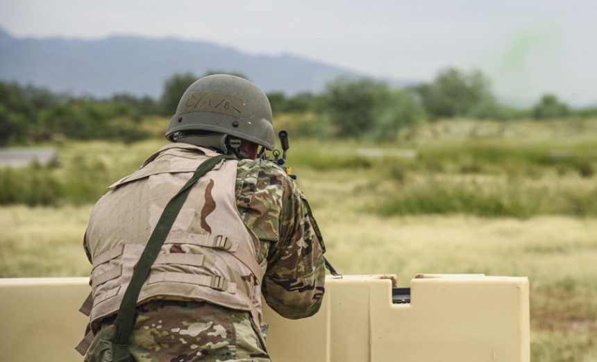 An Airman participating in multi-capable Airman training course provides security at Davis-Monthan Air Force Base, Arizona, Sept. 17, 2021. Davis-Monthan is currently leading all Air Combat Command installations with over 400 trained Tier 1 multi-capable Airmen. (U.S. Air Force Photo by Airman 1st Class William Turnbull)