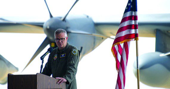 U.S. Air Force Maj. Gen. Michael G. Koscheski, Fifteenth Air Force commander, delivers a speech during a change of command ceremony at Davis-Monthan Air Force Base, Arizona, June 30, 2022. Col. Joseph Turnham, outgoing 355th Wing commander relinquished command to Col. Scott Mills, the new 355th Wing commander. (U.S. Air Force photo by Airman 1st Class Vaughn Weber)