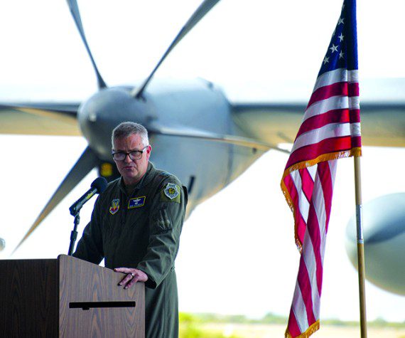 U.S. Air Force Maj. Gen. Michael G. Koscheski, Fifteenth Air Force commander, delivers a speech during a change of command ceremony at Davis-Monthan Air Force Base, Arizona, June 30, 2022. Col. Joseph Turnham, outgoing 355th Wing commander relinquished command to Col. Scott Mills, the new 355th Wing commander. (U.S. Air Force photo by Airman 1st Class Vaughn Weber)