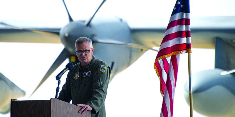 U.S. Air Force Maj. Gen. Michael G. Koscheski, Fifteenth Air Force commander, delivers a speech during a change of command ceremony at Davis-Monthan Air Force Base, Arizona, June 30, 2022. Col. Joseph Turnham, outgoing 355th Wing commander relinquished command to Col. Scott Mills, the new 355th Wing commander. (U.S. Air Force photo by Airman 1st Class Vaughn Weber)