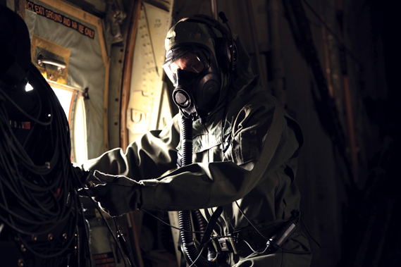 U.S. Air Force Airman 1st Class Elijah Bartley, 563rd Operations Support Squadron aircrew flight equipment technician, wears a new M69 Joint Service Aircrew Mask Strategic Aircraft respirator mask at Davis-Monthan Air Force Base, Ariz., March 6, 2024. The M69 was built to protect Airmen in environments with chemical, biological, radiological, nuclear agents. (U.S. Air National Guard photo by Senior Airman Guadalupe Beltran)