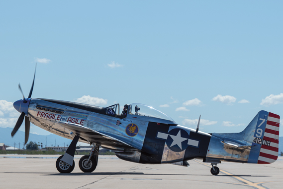 A P-51 Mustang aircraft returns from flying during the Heritage Flight Training Course at Davis-Monthan Air Force Base, Arizona, Feb. 29, 2024. The Air Force Heritage Flight Foundation celebrates U.S. air power history by providing 50-70 annual Heritage Flight demonstrations around the world. (U.S. Air Force photo by Airman 1st Class Jasmyne Bridgers-Matos)