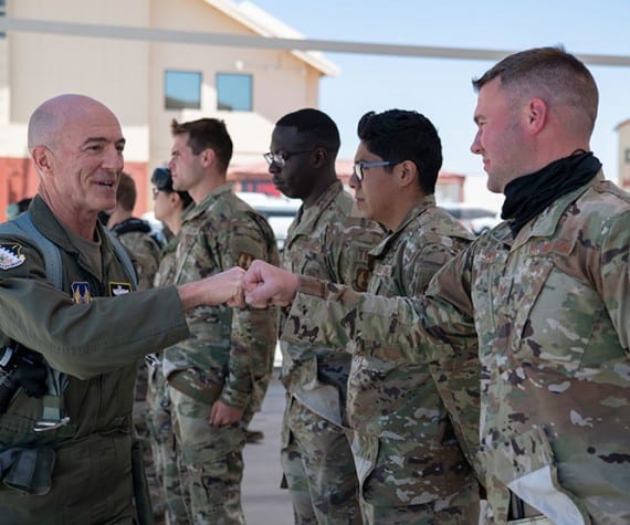 Maj. Gen. Azzano thanks 412th Test Wing maintainers before his final flight as the Air Force Test Center Commander, at Edwards Air Force Base, Calif. (Air Force photograph by Tech. Sgt. Robert Cloys)
