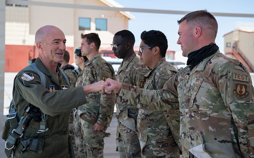 Maj. Gen. Azzano thanks 412th Test Wing maintainers before his final flight as the Air Force Test Center Commander, at Edwards Air Force Base, Calif. (Air Force photograph by Tech. Sgt. Robert Cloys)
