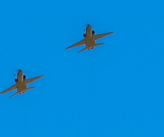 Two T-38 Talons from the 416th Flight Test Squadron, 412th Test Wing, Edwards Air Force Base, California perform a flyover in honor of retired U.S. Air Force Col. Robert F. Waggoner, during a memorial service at Bishop, Calif., Sept. 12, 2021. (Air Force photograph by Danny Bazzell)