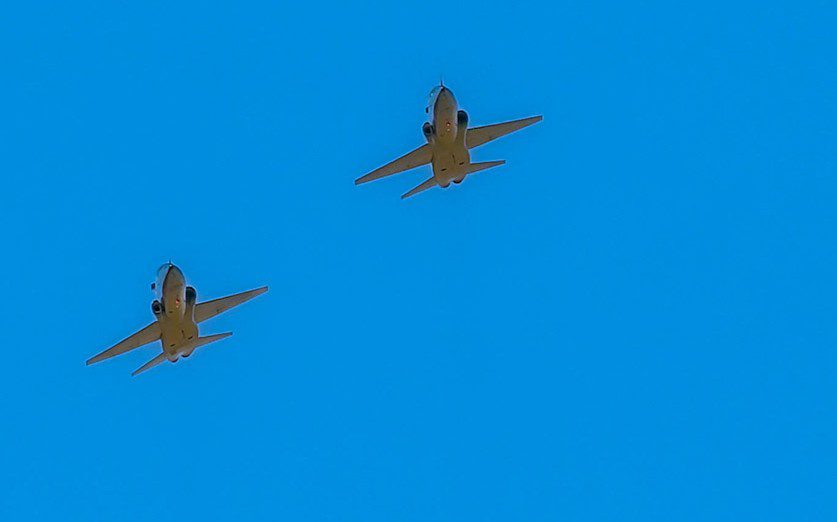 Two T-38 Talons from the 416th Flight Test Squadron, 412th Test Wing, Edwards Air Force Base, California perform a flyover in honor of retired U.S. Air Force Col. Robert F. Waggoner, during a memorial service at Bishop, Calif., Sept. 12, 2021. (Air Force photograph by Danny Bazzell)