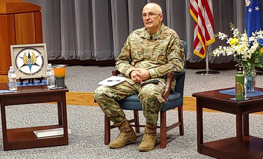 Gen. Arnold W. Bunch, Jr., Air Force Materiel Command Commander, awaits his next question during the AFMC Town Hall, Jan. 7, 2022. (Air Force photograph by Jerry Bynum)