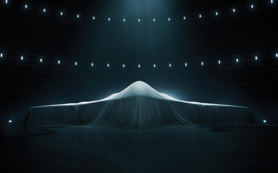 The Northrop Grumman B-21 Raider stands ready to be unveiled at 5 p.m., Friday, Dec. 2, 2022. (Northrop Grumman photograph)