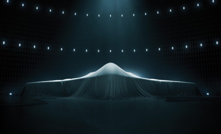 The Northrop Grumman B-21 Raider stands ready to be unveiled at 5 p.m., Friday, Dec. 2, 2022. (Northrop Grumman photograph)