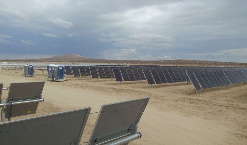 The Air Force Civil Engineer Center, a primary subordinate unit of the Air Force Installation and Mission Support Center, worked with civic stakeholders and private industry to bring a 2,600-acre solar array on land leased out by the Air Force at Edwards Air Force Base, Calif. Through the Enhanced Use Lease program, Air Force installations can lease non-excess, underused land to private sector developers in return for rent or in-kind consideration. The Air Force can potentially earn up to $75.8 million throughout the lease period. (Terra-Gen LLC photograph)