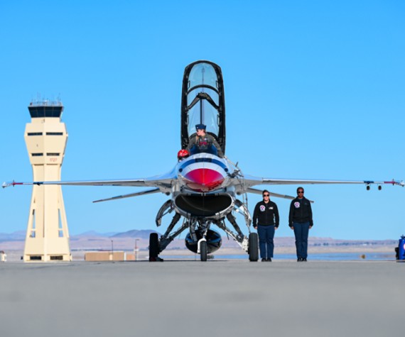 U.S. Air Force F-16 Fighting Falcons, assigned to the Thunderbirds, prepare for a practice flight at Edwards Air Force Base, Calif, Jan. 26, 2023. The Thunderbirds conducted part of their winter training at Edwards AFB, where new enlisted support teams perfected the ground show portion of the demonstration while the pilots perfected their roles in the air. (U.S. Air Force Photo/Tech. Sgt. Tabatha Arellano)