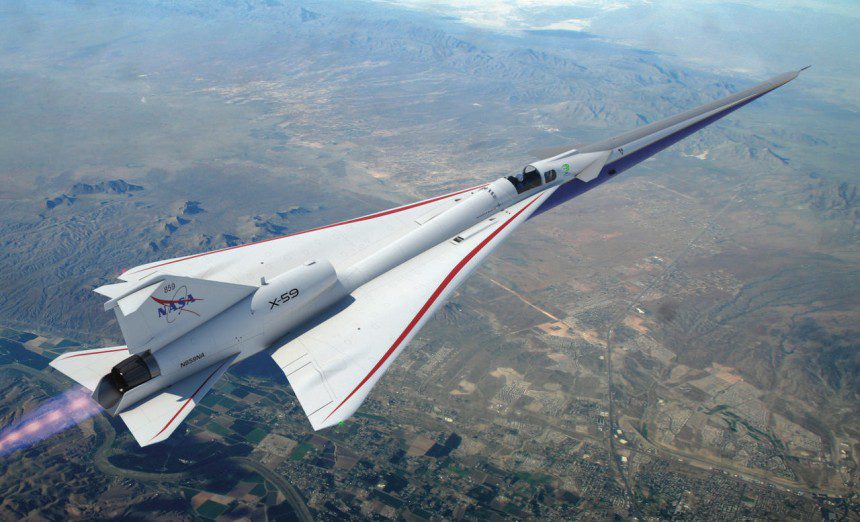 A NASA artist's conception shows the X-59 flying over inhabited areas. The rollout will be today.