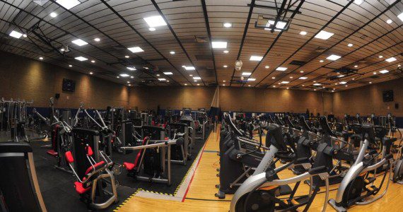 Shown is the temporary weight and cardio room inside the Bryant Fitness Center's basketball court Feb. 4, 2016 at Luke Air Force Base, Ariz. The fitness center received many upgrades including two hand bikes, two utility benches, nine Life Fitness treadmills, four PowerMill Stair steppers, six Versa climbers, eight Matrix benches, a Precor-cable crossover machine and more.