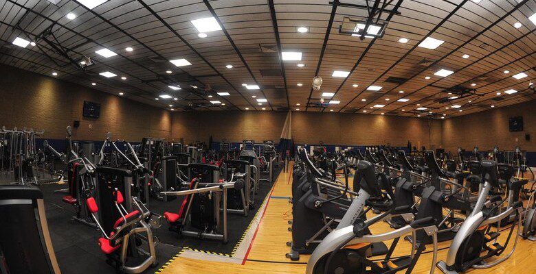 Shown is the temporary weight and cardio room inside the Bryant Fitness Center's basketball court Feb. 4, 2016 at Luke Air Force Base, Ariz. The fitness center received many upgrades including two hand bikes, two utility benches, nine Life Fitness treadmills, four PowerMill Stair steppers, six Versa climbers, eight Matrix benches, a Precor-cable crossover machine and more.