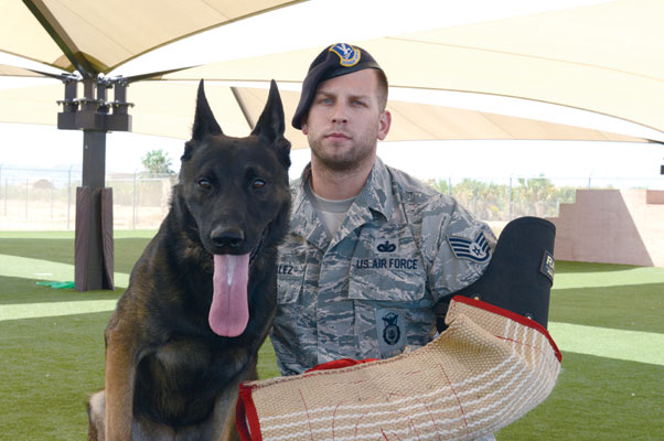 Senior Airman James Hensley  Staff Sgt. Justin Gonzalez, 56th Security Forces Squadron Military Working Dog handler, and Rango, 56th SFS MWD, stand in the kennel training yard at Luke Air Force Base. Gonzalez and Rango work on obedience training, drug detection, deterrence, patrol, subduing suspects and search pit.