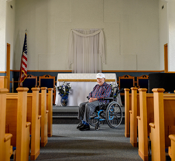 Air Force photograph by Staff Sgt. Jensen Stidham Retired Brig. Gen. Chuck Yeager visits the Chapel on the Mall during a tour at Luke Air Force Base, Ariz., Feb. 13, 2018. The chapel, built in 1941, is only one of two remaining buildings on base from when Yeager went through pilot training in the 1940s.