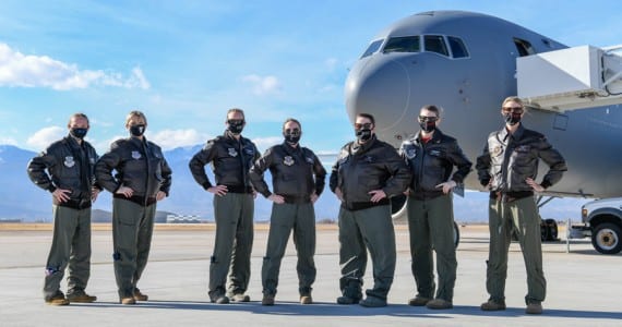 All-female aircrew pose for a photo