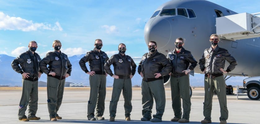 All-female aircrew pose for a photo