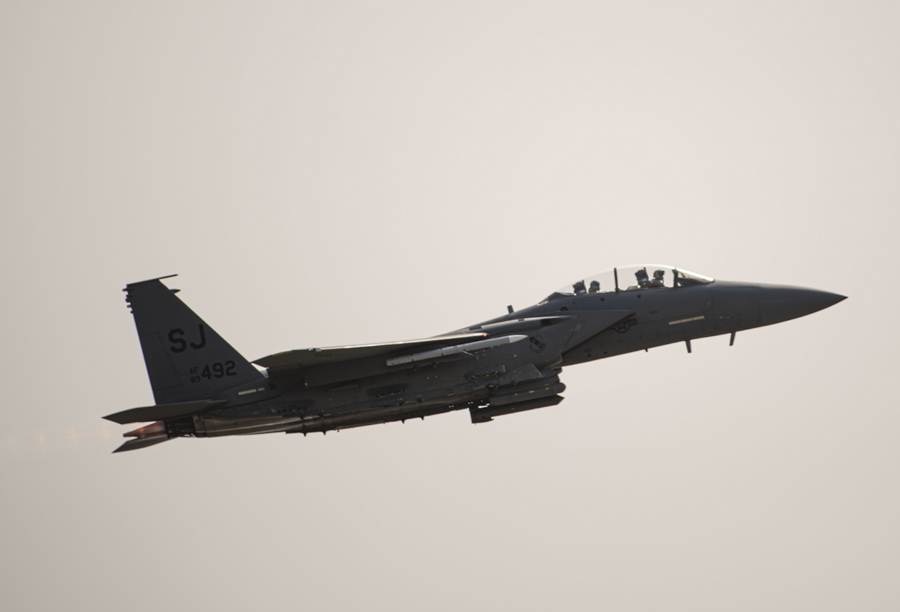A U.S. Air Force F-15E Strike Eagle takes off from Seymour Johnson AFB