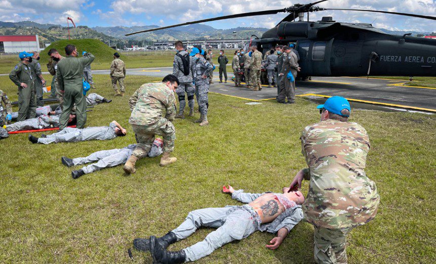 U.S. Air Force Airmen and Airmen from several partner countries’ Air Forces conduct simulated medical training during exercise Angel de los Andes at Jose Maria Cordova International Airport in Colombia, Sept. 3, 2021. Reserve Citizen Airman Lt. Col. Heleno Souza, 944th Aeromedical Staging Squadron chief administrator, participated in this two-week multinational, Colombian led exercise Aug. 30-Sept 10 that focused on international search and rescue, humanitarian assistance, disaster relief, and aerial evacuation. (Photograph courtesy of Lt. Col. Heleno Souza)