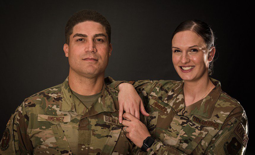 Airman Basic Richard Jimenez, 56th Contracting Squadron contract specialist, and his wife, Airman 1st Class Jenna Jimenez, 308th Aircraft Maintenance Unit analyst, pose together Nov. 5, 2021, at Luke Air Force Base, Ariz. The couple joined the Air Force along with their teenage son after falling on hard times during the Coronavirus Disease 2019 pandemic. The Air Force actively works to improve and maintain the quality of life for Airmen and their families by providing resources that promote health, education, and resilience. (Air Force photograph by Senior AirmanPhyllis Jimenez)