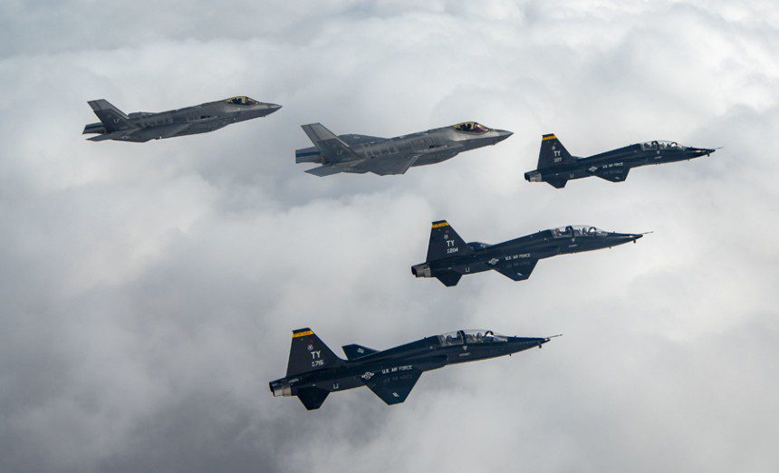 U.S. Air Force F-35A Lightning IIs assigned to the 61st Fighter Squadron and T-38A Talons assigned to the 2d Fighter Training Squadron fly in formation over southern Idaho, Sept. 14, 2022. The units, assigned to Luke Air Force Base, Arizona, and Eglin AFB, Florida, traveled to Idaho for a training exercise supporting F-35 student pilot’s basic course capstone. (U.S. Air Force photo by Tech. Sgt. Betty R. Chevalier)