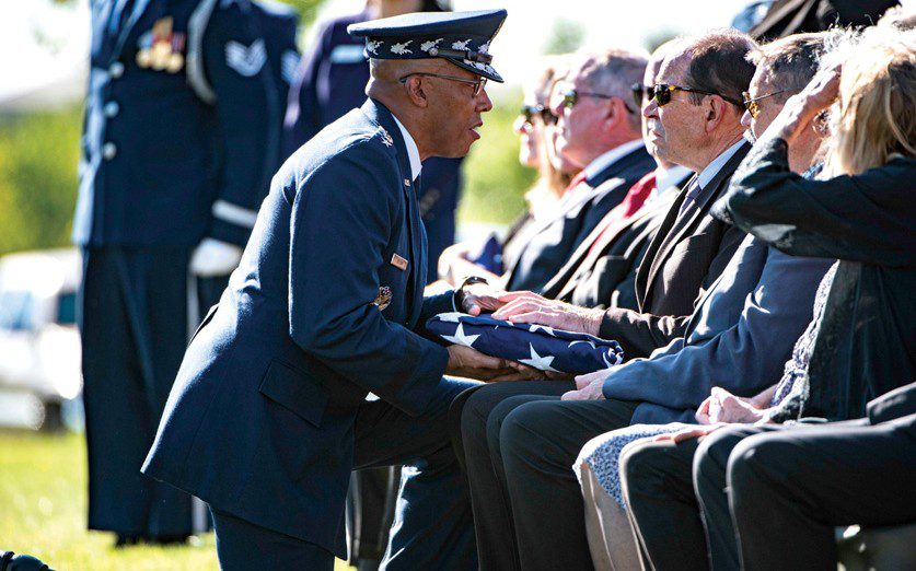 Chief of Staff of the U.S. Air Force Gen. Charles Q. Brown, Jr. presents to U.S. flag to Robert Pattillo following the funeral service for Pattillo' father, Maj. Gen. Cuthbert Pattillo, in Section 75 of Arlington National Cemetery, Arlington, Va., Sept. 14, 2022. Pattillo's twin brother, U.S. Air Force Lt. Gen. Charles Pattillo, was also interred at this time.



Twin brothers, Maj. Gen. and Lt. Gen. Pattillo enlisted in the U.S. Army Air Forces in November 1942. During World War II, both flew with the Eighth Air Force’s 352nd Fighter Group, protecting bombers and attacking ground targets. Maj. Gen. Pattillo flew 135 combat missions before being shot down and captured by the Germans. He remained a POW until the end of the war.



Both were released from active duty following World War II but were later recalled in early 1948, serving with the 31st Fighter Group. Later, both served with the with the 36th Tactical Wing at Furstenfeldbruck Air Base in Germany. While in Europe, both helped form and flew in the U.S. Air Forces in Europe-North Atlantic Treaty Organization aerial demonstration team, the “Skyblazers.”



Later, the brothers went to Luke Air Force Base, Ariz., as gunnery instructors. Together, they were instrumental in forming the “Thunderbirds,” the first U.S. Air Force official aerial demonstration team. Maj. Gen. Pattillo flew right wing and Lt. Gen. Pattillo flew left wing in the original 1953 team.



Both Generals continued their long careers through the Air Force, serving through the Vietnam and Korean Wars. Maj. Gen. Pattillo retired in 1980 and Lt. Gen. Pattillo retired in 1981.



Maj. Gen. Pattillo’s military decorations and awards include the Distinguished Service Medal with oak leaf cluster, Silver Star, Legion of Merit with two oak leaf clusters, Distinguished Flying Cross with oak leaf cluster, Air Medal with 13 oak leaf clusters, Air Force Commendation Medal with oak leaf cluster, Army Commendation Medal, Distinguished Unit Citati