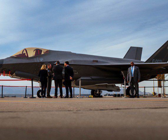 Mark Rutte, Netherlands prime minister (right) and Jan Jambon, Flanders minister-president (middle-right), receive a tour of an F-35 Lightning II assigned to the 56th Fighter Wing. Rutte and Jambon’s visit to Arizona is part of an economic mission to the United States, seeking insights into the advanced aviation technology developed. The tour included discussions on the F-35 Lightning II’s role in bolstering NATO capabilities and its strategic importance in joint training exercises like Desert Vulture. (Air Force photograph by Airman 1st Class Mason Hargrove)