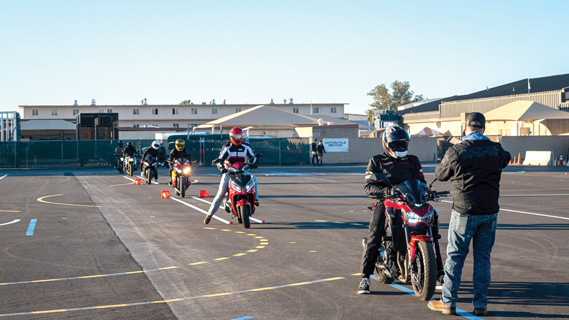 Luke Air Force Base motorcycle course students ride on a newly reconstructed training range during a motorcycle safety course hosted by 56th Fighter Wing Occupational Safety team, Feb. 16, 2024, at Luke Air Force Base, Arizona. The certified motorcycle trainers routinely teach active-duty Airmen, retirees, dependents, guard and reserve members, as well as Luke partner nations and sister services.