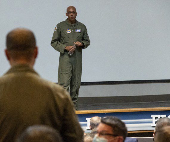 Gen. CQ. Brown, Jr., Air Force Chief of Staff, listens to a question during the Weapons and Tactics Conference at Nellis Air Force Base, Nevada, Jan. 12, 2022. Brown spoke to joint and allied combat air forces about the current overall mission status and how to accelerate change to better combat capabilities. (U.S. Air Force photo by Tech. Sgt. Alexandre Montes)