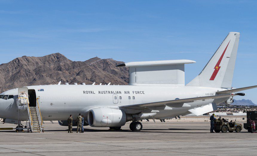 A Royal Australian Air Force E-7A Wedgetail, Airborne Early Warning and Control (AWACS) aircraft, is parked at Nellis Air Force Base, Nevada, May 6, 2022. The Air Force recently decided to replace a portion of the E-3 Sentry AWACS fleet with the E-7 Wedgetail. (U.S. Air Force photo by Airman 1st Class Makenna Gott)