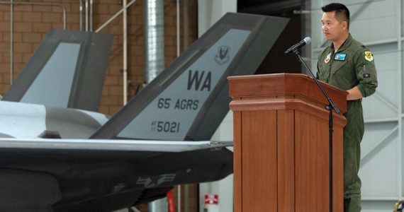 Lt. Col. Brandon Nauta, 65th Aggressor Squadron commander, makes remarks during the activation ceremony for the 65 AGRS at Nellis Air Force Base, Nevada, June 9, 2022. The aggressor squadron s mission is to prepare warfighters to win in air combat against any adversary. (U.S. Air Force photo by Airman 1st Class Josey Blades)