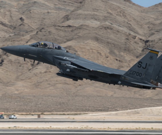 An F-15E Strike Eagle assigned to the 4th Fighter Wing, Seymour Johnson Air Force Base, North Carolina, takes off for a mission at Nellis Air Force Base, Nevada, July 11, 2022. Participants conducting training missions during Red Flag-Nellis 22-3 are able to test and perfect Agile Combat Employment operating concept for how the U.S. combat forces will fight in a modern, contested environment. (U.S. Air Force photo by William R. Lewis)